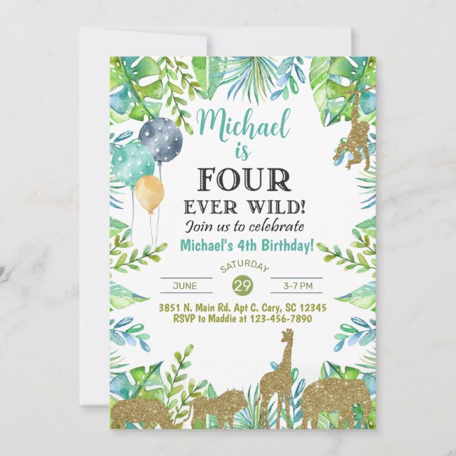 Safari Fourever Wild boy 4th birthday invitation. Invitation (Front)