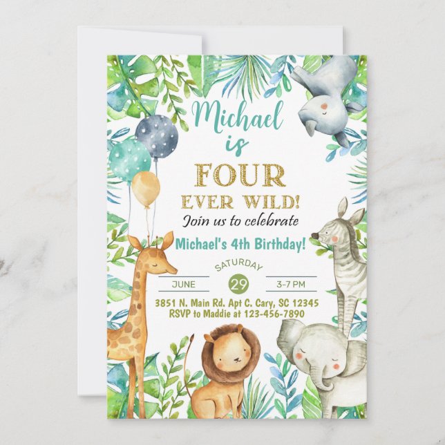 Safari Fourever Wild boy 4th birthday invitation. Invitation (Front)