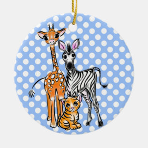 Safari friends, giraffe, zebra, tiger, blue polka ceramic ornament
