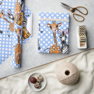 Safari friends, giraffe, zebra, tiger, blue polka wrapping paper