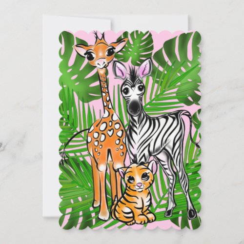 Safari friends giraffe zebra tiger palm leaves