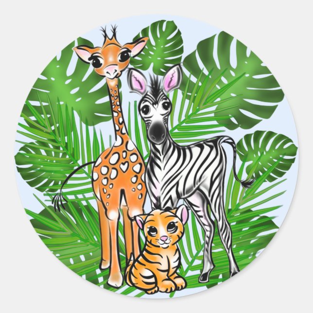 Safari friends, giraffe, zebra, tiger, palm leaves classic round sticker (Front)