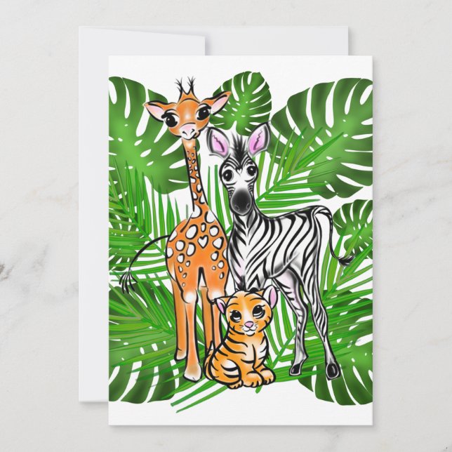 Safari friends, giraffe, zebra, tiger, palm leaves invitation (Front)