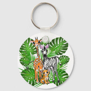 Safari friends, giraffe, zebra, tiger, palm leaves keychain