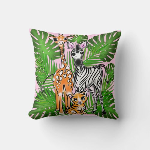Safari friends giraffe zebra tiger palm leaves throw pillow