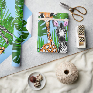 Safari friends, giraffe, zebra, tiger, palm leaves wrapping paper
