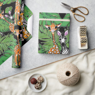 Safari friends, giraffe, zebra, tiger, palm leaves wrapping paper