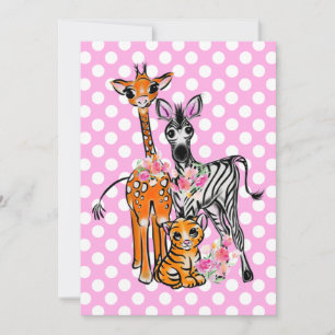 Safari friends giraffe zebra tiger pink polka  invitation