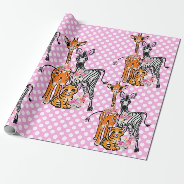 Safari friends, giraffe, zebra, tiger, pink polka  wrapping paper (Unrolled)
