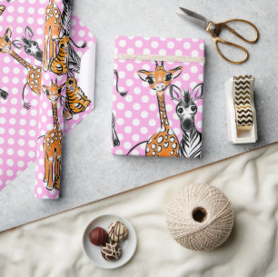 Safari friends, giraffe, zebra, tiger, pink polka wrapping paper