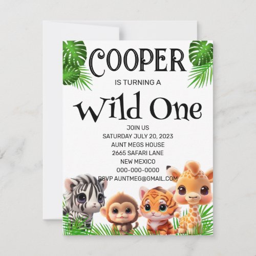 Safari friends tiger giraffe zebra monkey birthday card