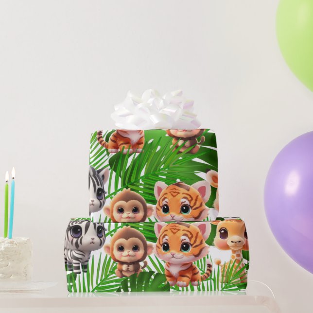 Safari friends tiger giraffe zebra monkey birthday wrapping paper (Party Gifts)