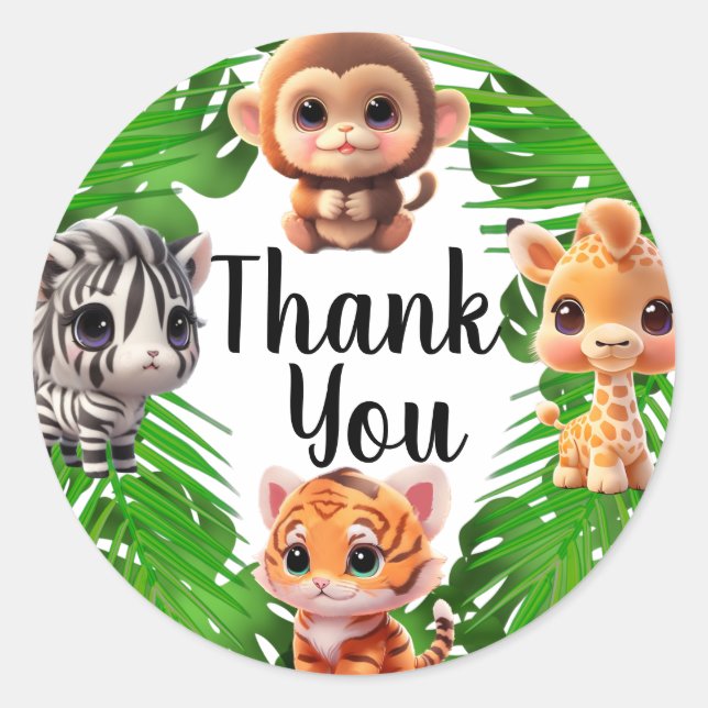 Safari friends tiger giraffe zebra monkey elephant classic round sticker (Front)