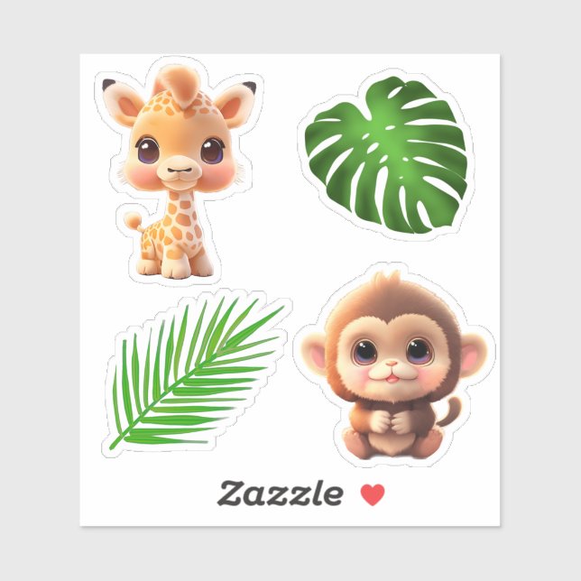 Safari friends tiger giraffe zebra monkey elephant sticker (Sheet)