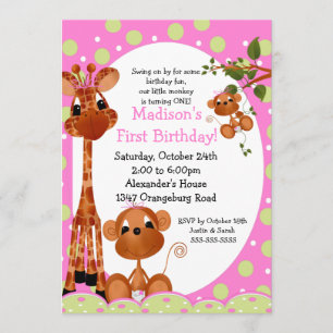 Safari Fun Girls 1st Birthday Invitation