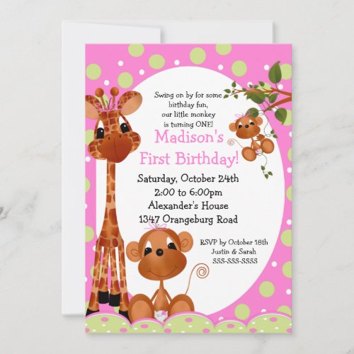 Safari Fun Girls 1st Birthday Personalized Invitation