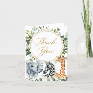 Safari gender neutral jungle animals greenery letterpress thank you card