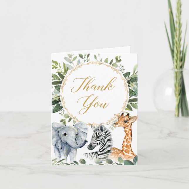 Safari gender neutral jungle animals greenery thank you card (Front)