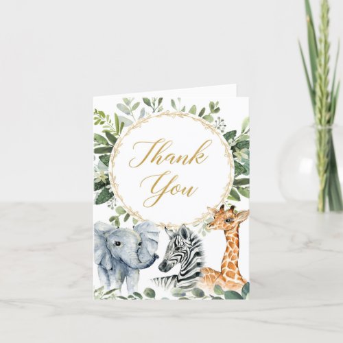 Safari gender neutral jungle animals greenery thank you card