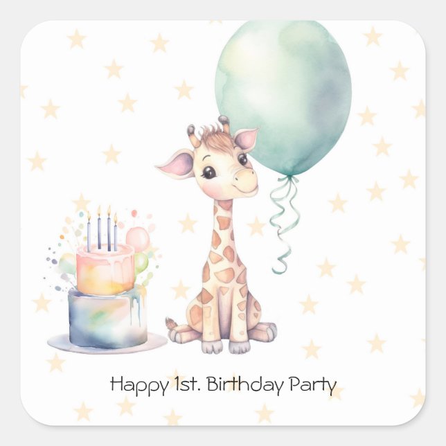 Safari Giraffe Balloon Cake 1st. Birthday Party Square Sticker (Front)