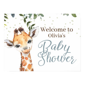 Safari Giraffe Blue Gray Welcome Baby Shower Poster