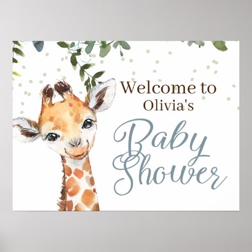 Safari Giraffe Blue Gray Welcome Baby Shower Poster