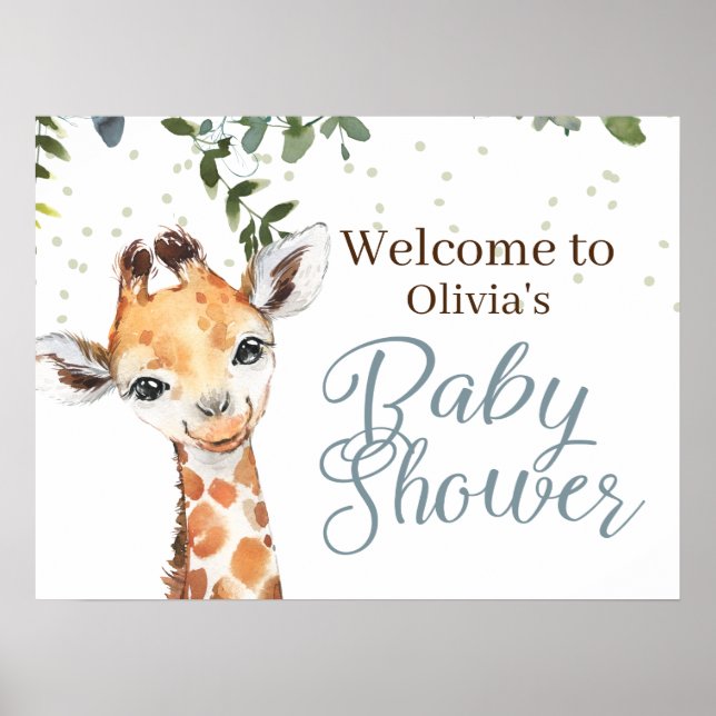 Safari Giraffe Blue Gray Welcome Baby Shower Poster (Front)