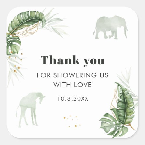 Safari Giraffe Elephant Botanical Baby Shower Square Sticker
