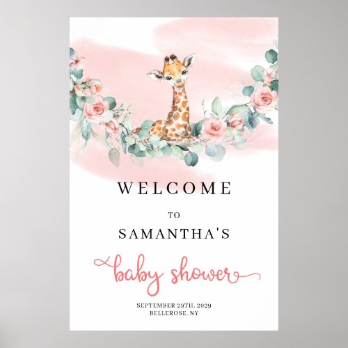 Safari Giraffe Eucalyptus Girl Baby Shower Welcome Poster