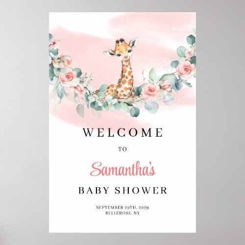 Safari Giraffe Eucalyptus Girl Baby Shower Welcome Poster