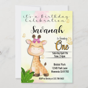 Safari  Giraffe first Birthday invitation
