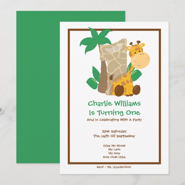 Safari Giraffe First Birthday Party Invitation (Front/Back)