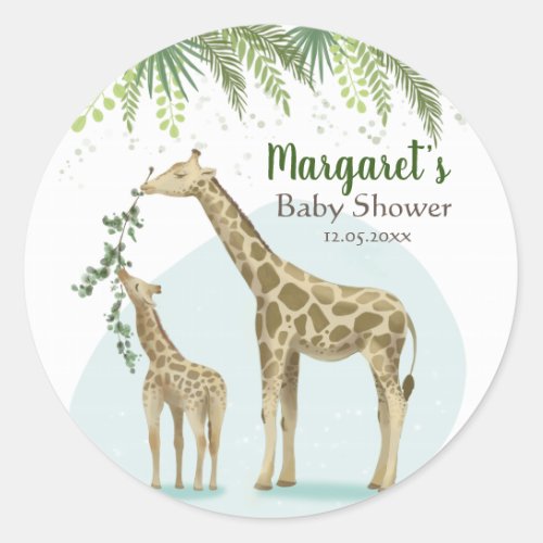 Safari Giraffe Green Leaf Baby Round Sticker