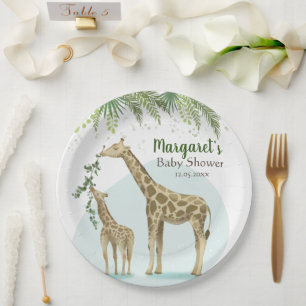 Safari Giraffe Green Leaf Baby Shower Paper Plates