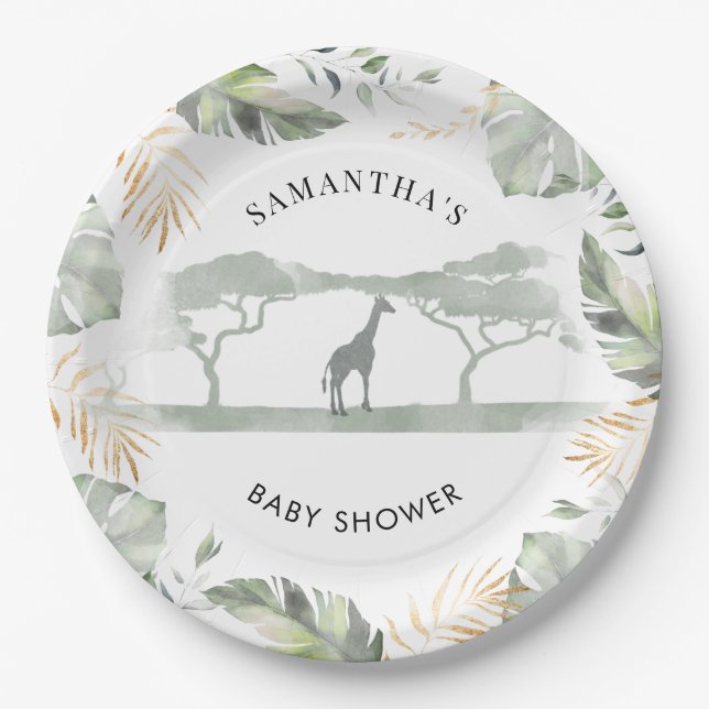 Safari Giraffe Palm Leaves Baby Shower Paper Plates (Front)