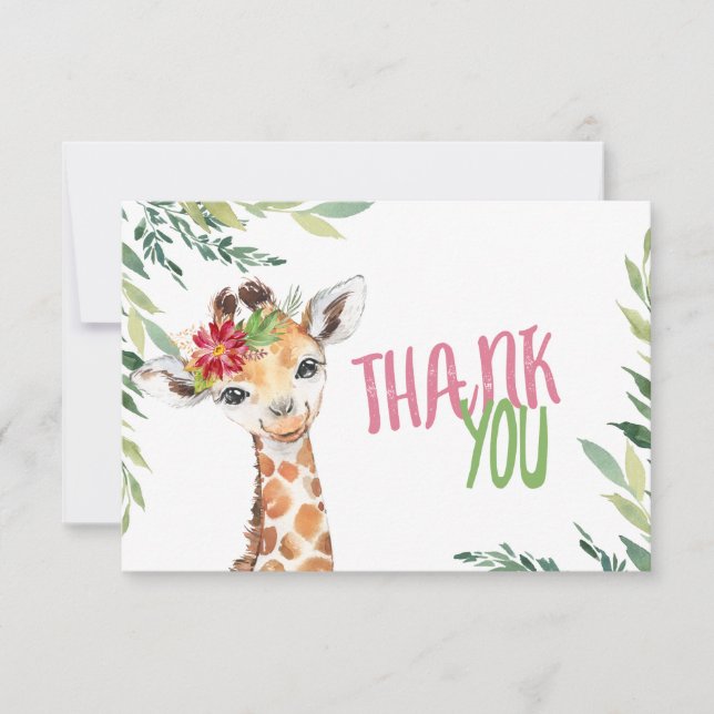 Safari Giraffe Pink Thank You Note Card (Front)