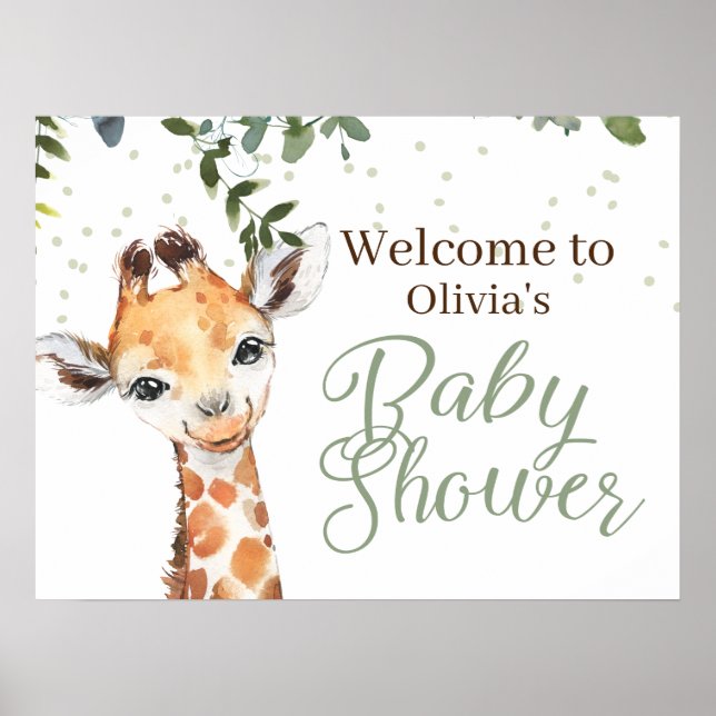 Safari Giraffe Sage Green Welcome Baby Shower Poster (Front)
