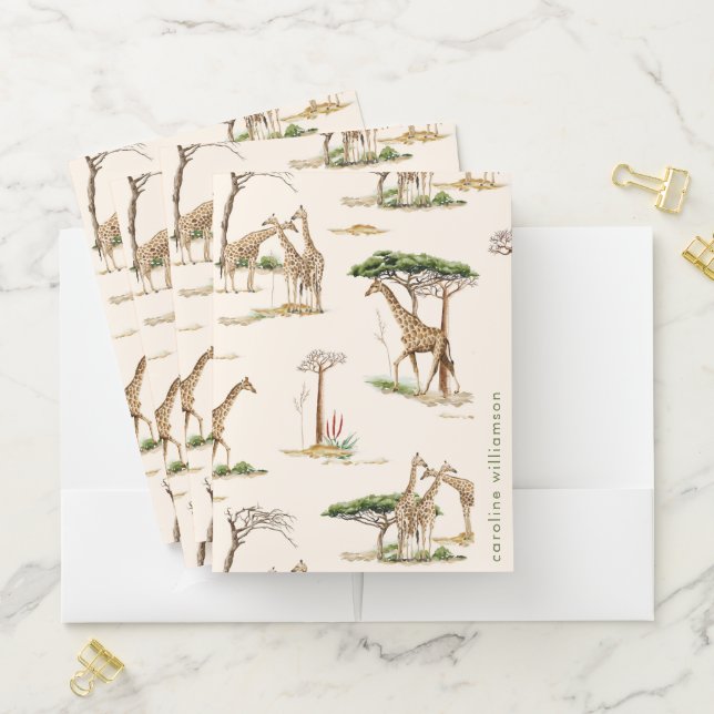 Safari Giraffe Savanna Scene Personalized Name Pocket Folder (In Situ)