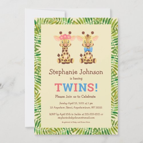 Safari Giraffe Twins Boy and Girl Cute Baby Shower Invitation