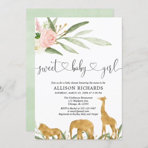 Safari girl baby shower invitation sweet baby girl