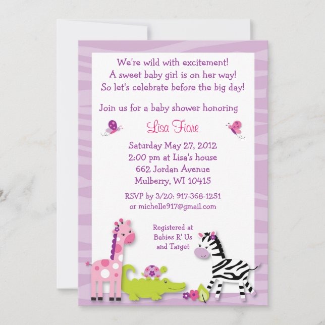 Safari Girl Jungle Animal Baby Shower Invitations (Front)