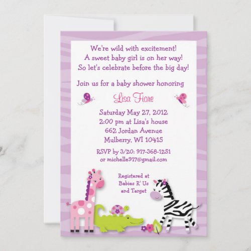 Safari Girl Jungle Animal Baby Shower Invitations