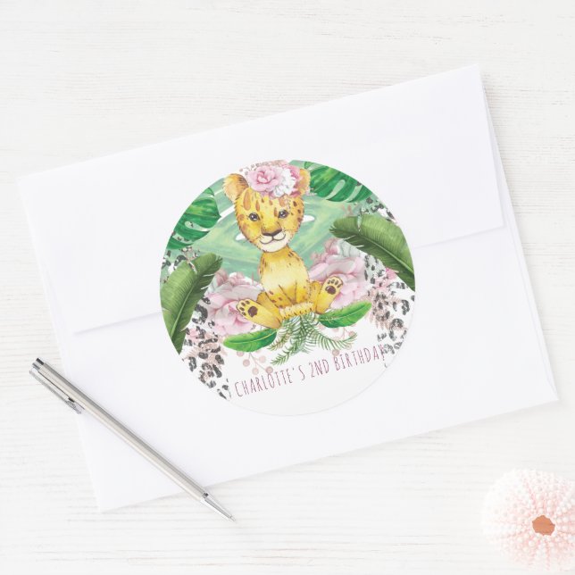 Safari Girl Party Lion Illustration Personalized Classic Round Sticker (Envelope)