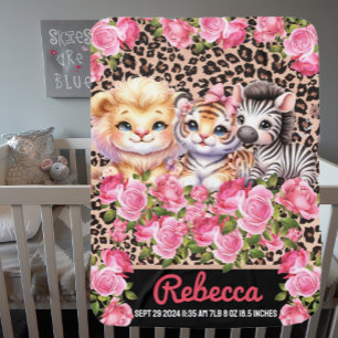 Safari Girl's Custom Name and Birth Stats Exotic  Baby Blanket