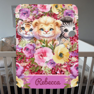 Safari Girl's Personalized Name Pink Animals Baby Blanket