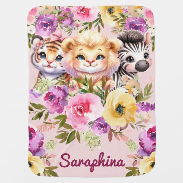 Safari Girl's Personalized Name Pink Animals Baby Blanket (Front)