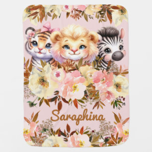 Safari Girl's Personalized Name Pink Peach Baby Blanket