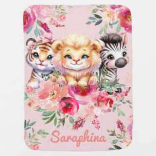 Safari Girl's Personalized Name Wildlife Animals Baby Blanket