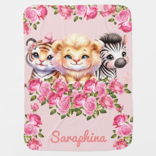 Safari Girls Personalized Name Wildlife Animals Baby Blanket