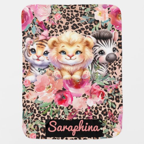 Safari Girls Personalized Name Wildlife Animals Baby Blanket